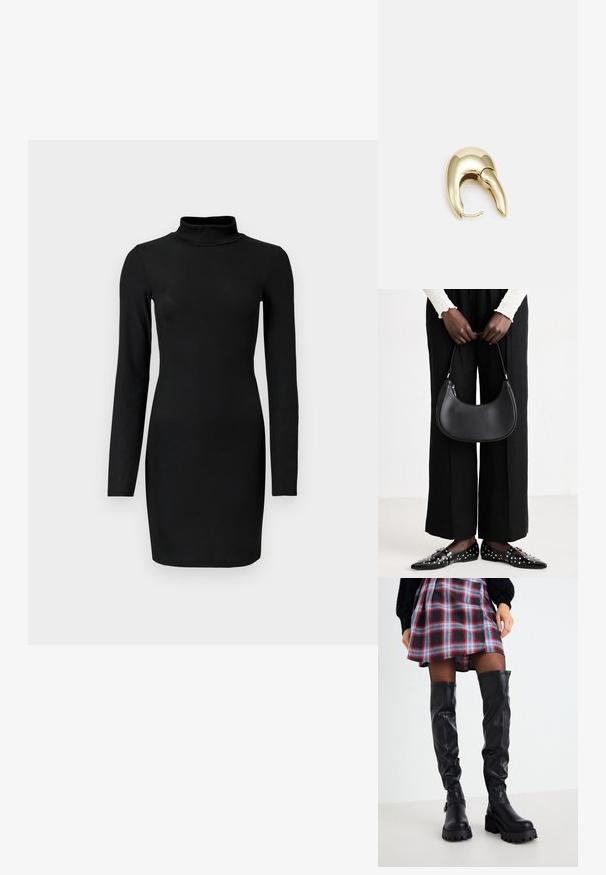 Black ribbed long-sleeve dress with a mock neck, fitted silhouette, and smooth texture. Mid-thigh length and no visible patterns or accents.; Black over-the-knee boots in smooth leather with a chunky sole, side zippers, and buckle accents, paired with a plaid skirt.; Black leather shoulder bag with a rounded shape, glossy finish, and silver hardware. Person wearing black wide-leg pants and studded loafers.; Gold-tone metal earring with a sleek, curved design. Features a distinctive pointed shape, polished surface, and hinge closure.