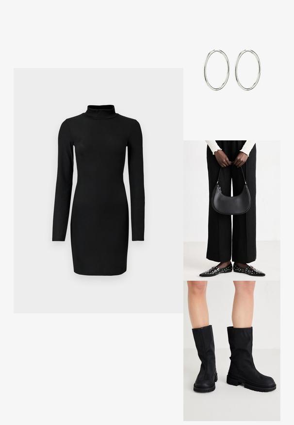 Černé žebrované šaty s dlouhým rukávem a stojáčkem, přiléhavý silueta a hladká textura. Délka do poloviny stehna, bez viditelných vzorů nebo akcentů.; Černé vysoké boty na kolena vyrobené z hladkého textilního materiálu s tlustou gumovou podrážkou, s minimalistickým designem a jemnými švy.; Černá kožená kabelka přes rameno s kulatým tvarem, lesklým povrchem a stříbrnými kovovými prvky. Osoba v černých širokých kalhotách a s ozdobenými mokasíny.; Stříbrné náušnice ve tvaru kruhu s hladkým, lesklým povrchem. Kulatý tvar, lehký design, se zabezpečovacím mechanismem.