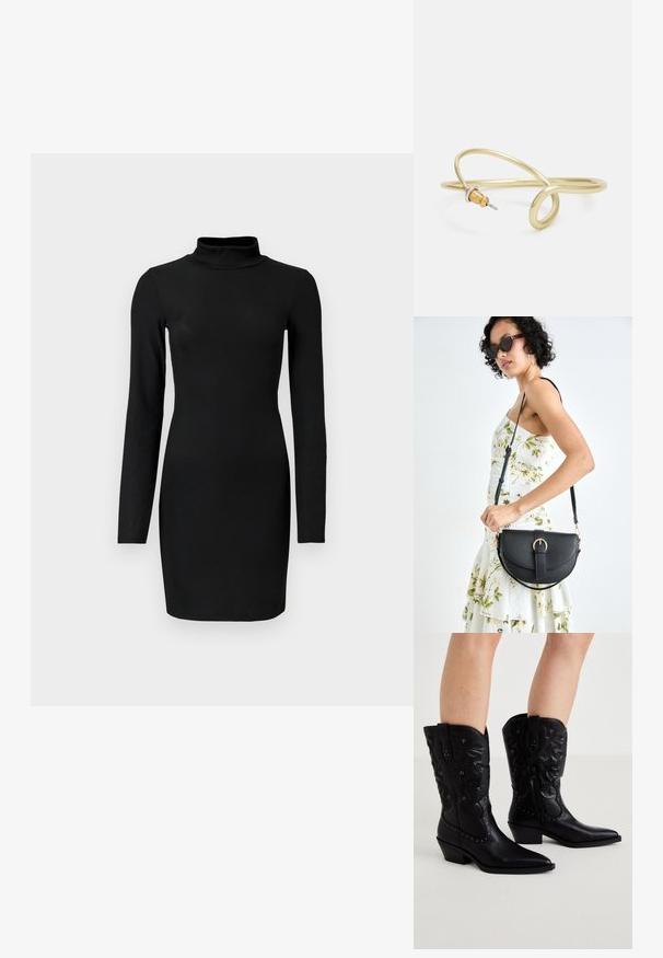 Svart ribbad långärmad klänning med ståkrage, figurnära silhuett och slät textur. Längd till mitten av låret och inga synliga mönster eller detaljer.; Svarta lädercowboyboots med spetsig tå, invecklad sömnad, nitar och låg klack. Sidogångjärn för enkel påtagning.; Svart läderhandväska med en böjd form, avtagbar rem och guldiga detaljer. Väskan har ett lock med en spänndetalj.; Guld-färgad metallarmband med ett mjukt, kurvigt mönster. Har en liten, framträdande silverfärgad accent i ena änden.
