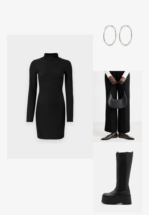 Crna rebrasta haljina dugih rukava s lažnim ovratnikom, prilagođenim siluetom i glatkom teksturom. Duljina do sredine bedara i bez vidljivih uzoraka ili naglasaka.; Crne čizme do koljena s glatkom kožnom površinom, elastičnim bočnim panelima i debelim platformama s potplatom s uzorkom.; Crna kožna torba preko ramena zaobljenog oblika, s sjajnom završnom obradom i srebrnim hardverom. Osoba nosi crne hlače širokog kroja i loaferice sa studovima.; Srebrne okrugle naušnice s glatkom, poliranom površinom. Okrugli oblik, lagani dizajn, s mehanizmom sigurnog kopčanja.