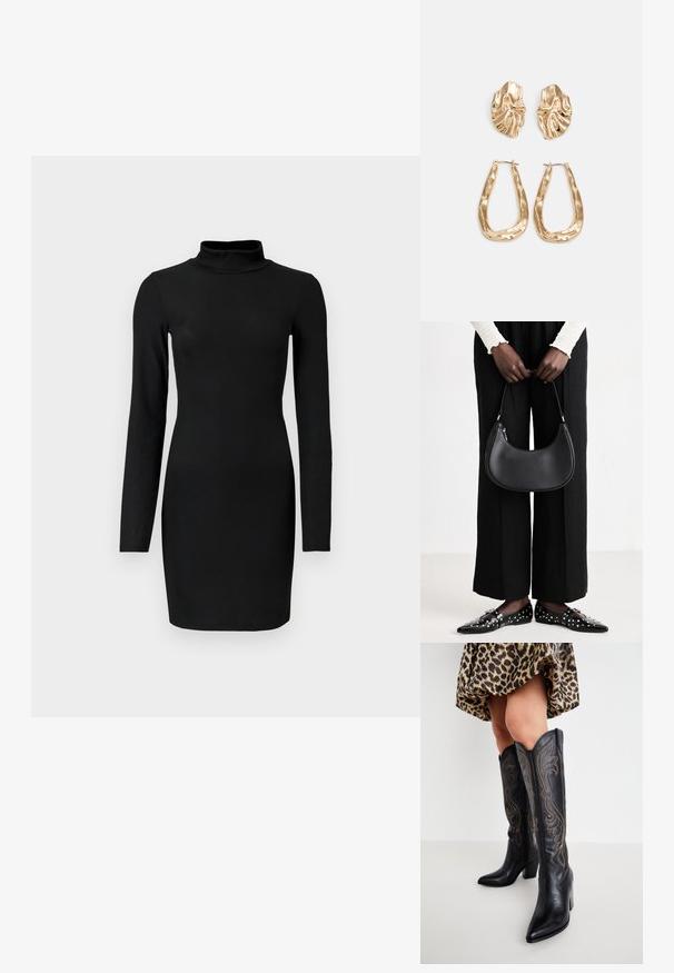Black ribbed long-sleeve dress with a mock neck, fitted silhouette, and smooth texture. Mid-thigh length and no visible patterns or accents.; Legs wearing knee-high black leather cowboy boots with decorative stitching, paired with a short leopard print skirt against a white background.; Black leather shoulder bag with a rounded shape, glossy finish, and silver hardware. Person wearing black wide-leg pants and studded loafers.; Gold-tone earrings featuring textured, wavy shapes. Includes sculptural clip-on studs and open hoop design with a hammered finish.