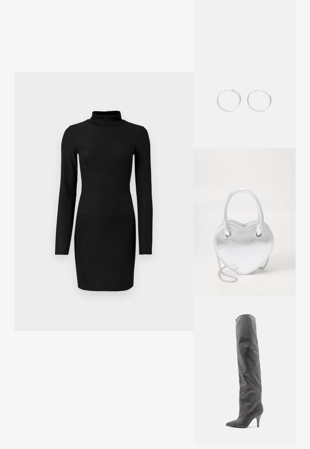 Fekete bordázott, hosszú ujjú ruha, állógallérral, testhezálló fazonnal és sima textúrával. Térd közepéig érő hosszúság, látható minták vagy díszítések nélkül.; Steve Madden MAZER-R - Magassarkú csizmák - black; Ezüst fém szív alakú kézi táska dupla fogantyúval, láncos pánttal és sima felülettel. Fém hardverrel és varrott szélekkel rendelkezik.; Ezüst karika fülbevalók, letisztult, kerek formával, sima felülettel és látható díszítés nélkül. A átmérő nem megadott.