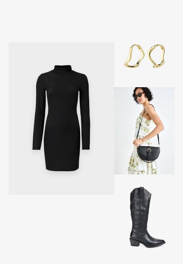Vestido negro de manga larga con cuello alto, silueta ajustada y textura suave. Largo hasta medio muslo y sin patrones o acentos visibles.; Bota vaquera de cuero negra con punta afilada, detalles en relieve y tacón de tamaño medio. Presenta una lengüeta para facilitar su puesta y retirada.; Bolso de piel negra con forma curva, correa desmontable y herrajes dorados. El bolso cuenta con una solapa con un detalle de hebilla.; Pendientes de aro dorados con un diseño fluido y ondulado. Textura suave, forma abierta y sin sujetadores visibles. Apariencia minimalista y moderna.