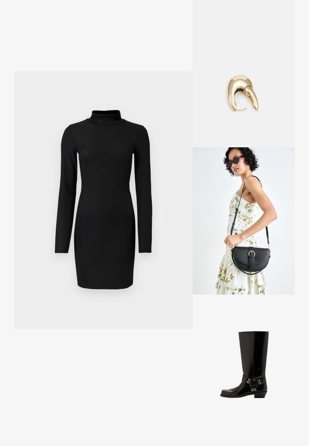 Zwarte geribbelde jurk met lange mouwen en een kraagje, met een aansluitende pasvorm en een gladde textuur. Middellange lengte tot halverwege de dijen en zonder zichtbare patronen of accenten.; Zwarte rubberen laars die tot aan de knie reikt, met een glanzende afwerking, voorzien van een decoratieve band en metalen accenten. Lage, licht gekantelde hak.; Zwarte leren handtas met een gebogen vorm, afneembare schouderband en gouden hardware. De tas heeft een klep met een gespsluiting.; Gouden metalen oorbel met een slank, gebogen ontwerp. Beschikt over een kenmerkende puntige vorm, gepolijste oppervlakte en scharnier sluiting.