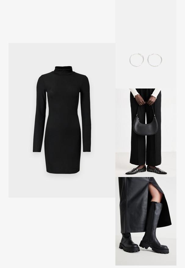 Sort ribbet langærmet kjole med høj hals, tætsiddende silhuet og glat tekstur. Længden er til midten af låret, og der er ingen synlige mønstre eller accenter.; Sorte knæhøje støvler med en kraftig sål, glat lædertekstur, sidezipper og minimalistisk design, parret med en sort nederdel med slids.; Sort læder skuldertaske med rund form, glat finish og sølv hardware. Person iført sorte brede bukser og nitter loafers.; Sølv hoop øreringe med et slankt, rundt design, der har en glat overflade og ingen synlige udsmykninger. Diameter ikke specificeret.
