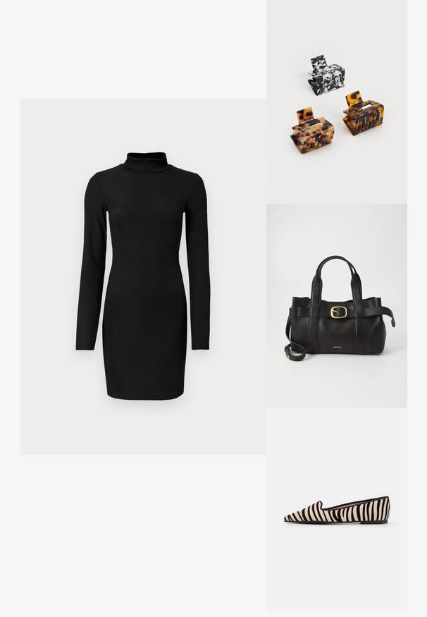 Fekete bordázott, hosszú ujjú ruha, állógallérral, testhezálló fazonnal és sima textúrával. Térd közepéig érő hosszúság, látható minták vagy díszítések nélkül.; Pretty Ballerinas ELLA - Belebújós cipők - nube black; Fekete bőr kézitáska, amely strukturált kialakítással rendelkezik, dupla felső fogantyúval, arany tónusú csattal és a márka dombornyomott logójával az elején.; Három hajcsat: egy fekete-fehér márványos, két teknősbékás barna és fekete árnyalatú, mind fényes műanyagból, texturált felülettel készült.