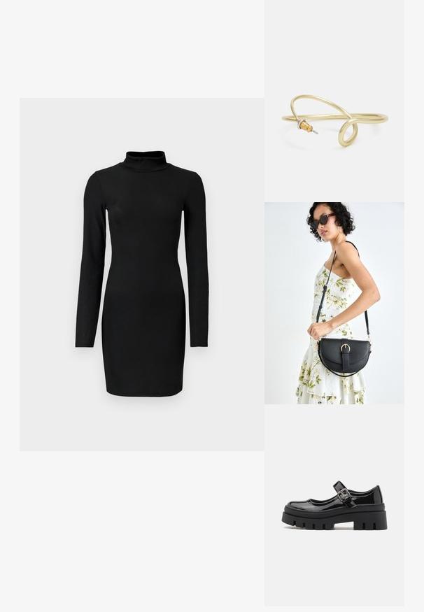 Black ribbed long-sleeve dress with a mock neck, fitted silhouette, and smooth texture. Mid-thigh length and no visible patterns or accents.; Even&Odd Platform heels - black; Black leather handbag with a curved shape, detachable strap, and gold hardware. The bag features a flap with a buckle detail.; Gold-colored metal bracelet with fluid, curvy design. Features a small, prominent, silver-colored accent at one end.