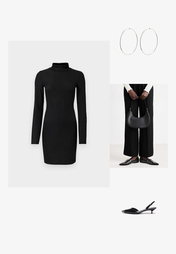 Melnas ribotās garās piedurknes kleitas ar simulētu kakla izgriezumu, pieguļošs siluets un gluda tekstūra. Vidējā augumā līdz augšstilbam, bez redzamām rakstām vai akcentiem.; Melni lakoti slingback augstpapēžu zābaki ar smailu pirkstu, metāla akcentu uz pirksta un plānu kaķa papēdi. Gluda tekstūra, minimālistisks dizains.; Melnas ādas plecu soma ar apaļu formu, spīdīgu apdari un sudraba komponentēm. Persona valkā melnus platā piegriezuma bikses un vadlīniju mokasīnus ar kniedēm.; Sudraba riņķa auskari ar gludu, apaļu dizainu un pulētu apdari. Tie ir plāni un viegli, ar vienkāršu aizdari.