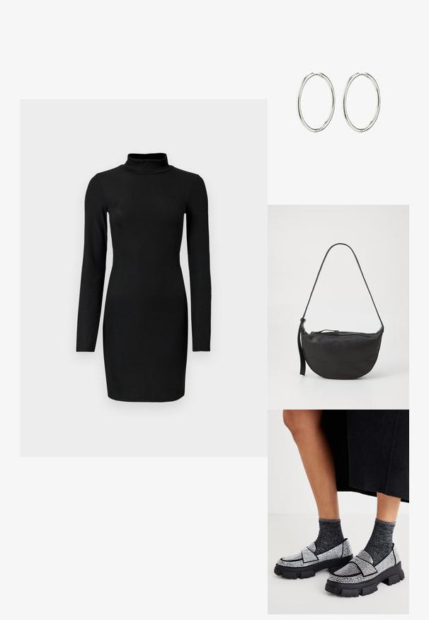 Črna rebrasta obleka z dolgimi rokavi in simuliranim ovratnikom, oprijetega silhuete in gladke teksture. Dolžina do sredine stegna, brez vidnih vzorcev ali akcentov.; Črne slip-on čevlje z okrasnimi kamenčki, debelimi črnimi podplati in kontrastnimi sivimi teksturiranimi nogavicami. Sproščen in edinstven dizajn.; Črna usnjena torbica za ramo s prikladno obliko, enojnim trakom, zadrgo in diskretnimi šivi po telesu.; Srebrni uhani obroči z gladko, polirano površino. Okrogla oblika, lahka zasnova, ki vključuje varen sistem zapiranja.