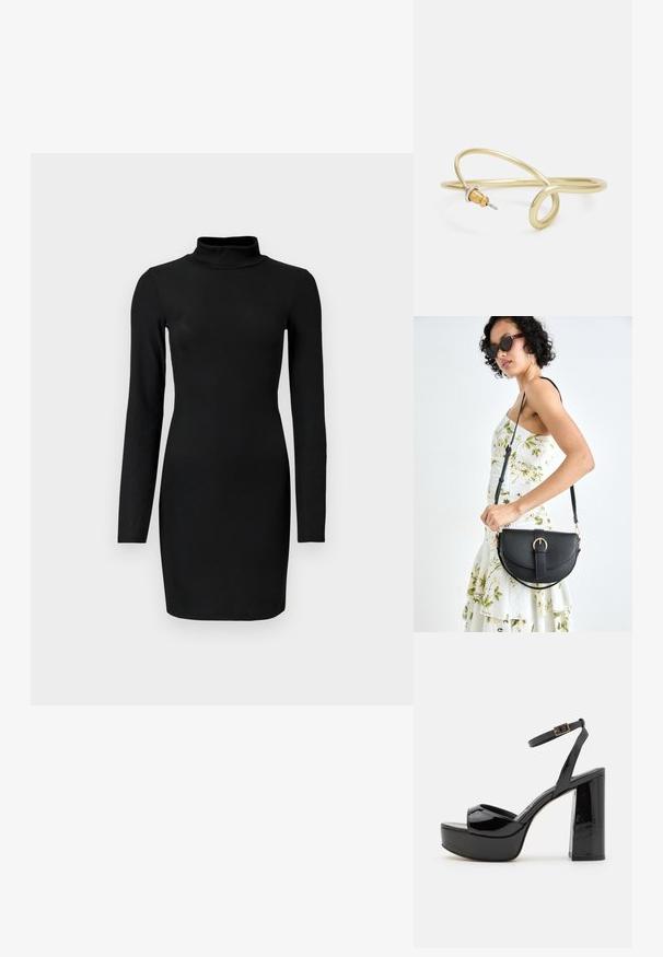 Crna rebrasta haljina dugih rukava s lažnim ovratnikom, prilagođenim siluetom i glatkom teksturom. Duljina do sredine bedara i bez vidljivih uzoraka ili naglasaka.; Crne lakirane platforme sandale s remenom oko gležnja, s debelim visokom potplatom i dizajnom s otvorenim prstima. Glatka tekstura i sjajna završna obrada.; Crna kožna torba s lukovitim oblikom, odvojivim remenom i zlatnim detaljima. Torba ima preklop s kopčom.; Zlatna metalna narukvica s fluidnim, zavojitim dizajnom. Sadrži mali, istaknuti srebrni akcent na jednom kraju.
