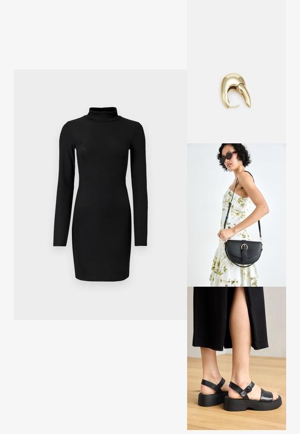 Melnas ribotās garās piedurknes kleitas ar simulētu kakla izgriezumu, pieguļošs siluets un gluda tekstūra. Vidējā augumā līdz augšstilbam, bez redzamām rakstām vai akcentiem.; Melnas ādas platformētas sandales ar regulējamiem potīšu siksniņām un platām priekšējām joslām, kurām ir teksturēta zole un minimālistisks dizains.; Melnas ādas rokassoma ar izliekta formu, noņemamu siksnu un zelta aksesuāriem. Somai ir vāciņš ar sprādzes detaļu.; Zeltīti metāla auskari ar gludu, izliekta dizaina. Ar atšķirīgu smailu formu, pulētu virsmu un eņģu aizdari.