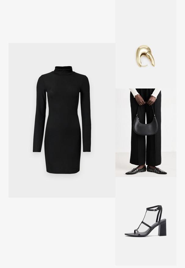 Černé žebrované šaty s dlouhým rukávem a stojáčkem, přiléhavý silueta a hladká textura. Délka do poloviny stehna, bez viditelných vzorů nebo akcentů.; Černé sandály na podpatku se čtveratou špičkou a blokovým podpatkem. Obsahují tenké popruhy a nastavitelné zapínání na kotníku. Hladká kožená textura.; Černá kožená kabelka přes rameno s kulatým tvarem, lesklým povrchem a stříbrnými kovovými prvky. Osoba v černých širokých kalhotách a s ozdobenými mokasíny.; Náušnice ve zlatém tónu z kovu s elegantním zakřiveným designem. Vyznačují se jedinečným špičatým tvarem, lesklým povrchem a závěsem na kloub.