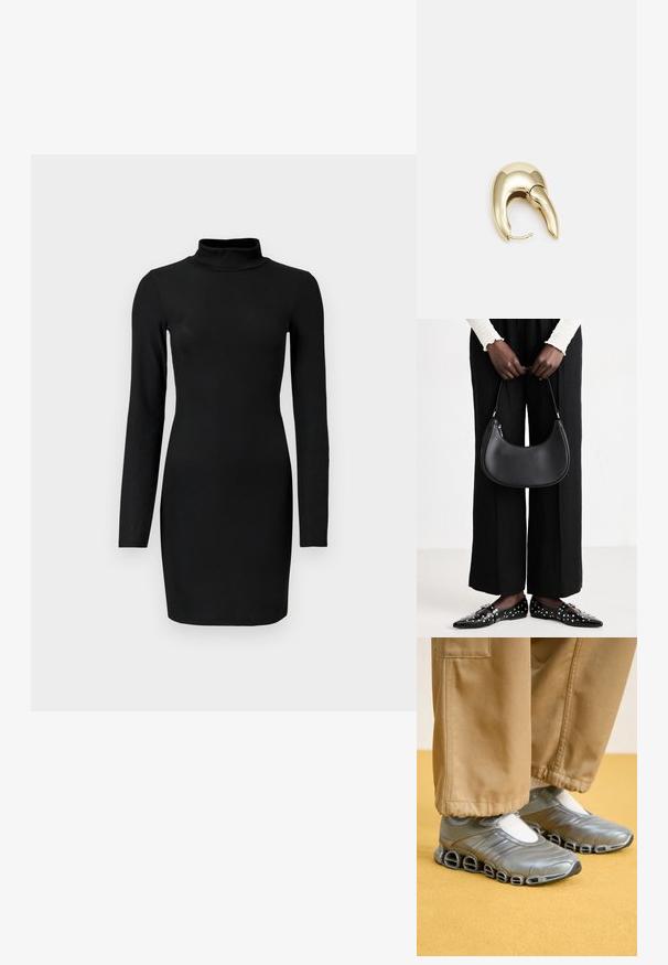 Schwarz gestreifertes, langärmeliges Kleid mit Stehkragen, figurbetontem Schnitt und glatter Textur. Mittlere Oberschenkellänge und keine sichtbaren Muster oder Akzente.; Silberne Sportschuhe mit einem schlanken Design, strukturiertem Synthetikmaterial und einer markanten ausgeschnittenen Sohle. Getragen mit beigen Hosen und weißen Socken.; Schwarze Leder-Schultertasche mit runder Form, glänzender Oberfläche und silbernem Beschlag. Person trägt schwarze weit geschnittene Hosen und Nieten-Loafers.; Ohrringe aus goldfarbenem Metall mit einem schlanken, geschwungenen Design. Sie verfügen über eine markante, spitze Form, eine polierte Oberfläche und einen Scharnierverschluss.