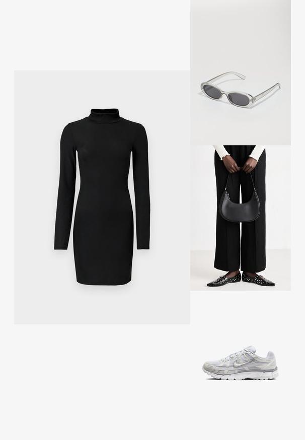 Fekete bordázott, hosszú ujjú ruha, állógallérral, testhezálló fazonnal és sima textúrával. Térd közepéig érő hosszúság, látható minták vagy díszítések nélkül.; Világosszürke sportcipők, hálós és szintetikus felső résszel, fűzős zárással, párnázott bokával és texturált talppal a tapadás érdekében.; Ovális formájú napszemüveg, átlátszó műanyag keret, sötétszürke lencsék és vékony, átlátszó szárak, logóakkcentussal és minimális díszítéssel.; Fekete bőr válltáska lekerekített formával, fényes felülettel és ezüst színű kiegészítőkkel. A személy fekete, bő szárú nadrágot és szegecses mokaszinokat visel.