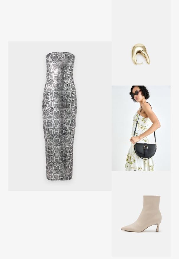 Robe midi sans bretelles en imprimé serpent, présentant une silhouette ajustée, une texture lisse et des teintes métalliques argentées et noires.; Steve Madden LULAH - Boots à talons - bone; Sac à main en cuir noir avec une forme courbée, bandoulière amovible et des accessoires en or. Le sac est doté d'un rabat avec un détail de boucle.; Boucle d'oreille en métal doré avec un design élégant et courbé. Présente une forme conique distinctive, une surface polie et une fermeture à charnière.