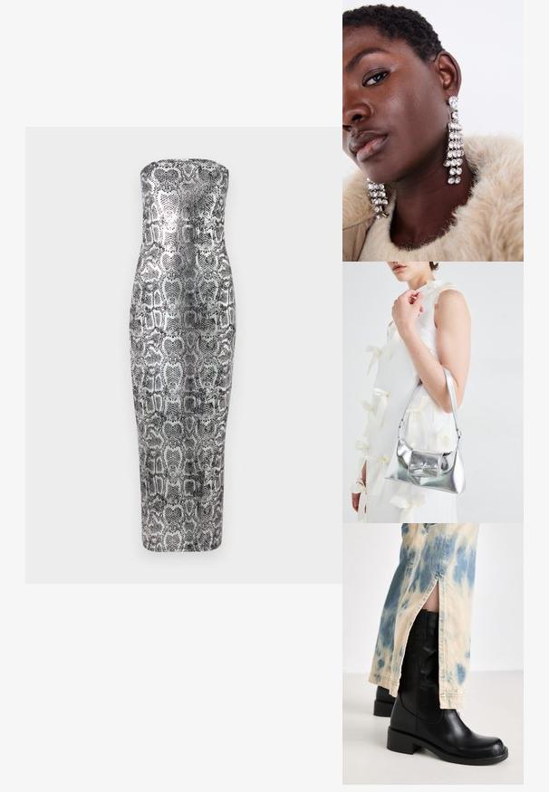 Haljina midi bez naramenica sa uzorkom zmije, koja ima uski kroj, glatku teksturu i metalik nijanse srebrne i crne boje.; RAID TAILORR - Kaubojske/motorističke čizme - black; Srebrna metalik torbica sa strukturiranim oblikom, s gornjom drškom i detaljem mašne sprijeda. Glatka tekstura, reflektirajući finiš.; Srebrne visoke naušnice s višestrukim prozirnim kamenčićima, koje imaju kaskadni dizajn i teksturirane površine, postavljene na neutralnu pozadinu.