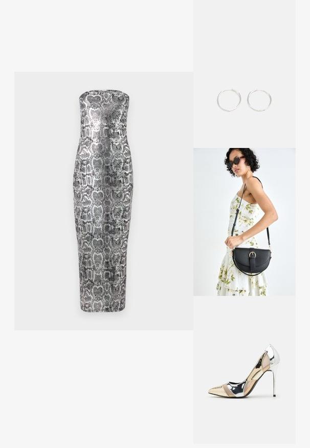 Pánt nélküli midi ruha kígyómintás kivitelben, testre simuló szabással, sima textúrával és fémes ezüst és fekete árnyalatokkal.; Hegyes orrú magassarkú cipő ezüst, arany és púder színkombinációval. Fényes felületű, kivágott dizájnnal, stiletto sarokkal.; Fekete bőrtáska ívelt formával, levehető pánttal és arany színű fémrészekkel. A táskán egy csattal díszített fedél található.; Ezüst karika fülbevalók, letisztult, kerek formával, sima felülettel és látható díszítés nélkül. A átmérő nem megadott.