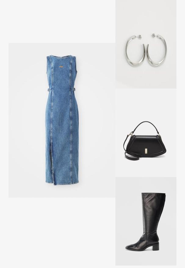 Denim-maksimekko, jossa on muotoiltu malli, olkaimeton leikkaus, etureikä ja pieni logopatch rintaan. Sininen väri, jossa näkyvät saumat.; Mustat nahkaiset polvipituiset saappaat, jossa on neliömäinen kärki, paksu korko ja tyylikäs muotoilu. Sileä pinta ja sivuvetoketju helppoa pukemista varten.; Mustalla nahkalaukulla, jossa on jämäkkä muotoilu, lyhyt malli, yläkahva ja kultaiset yksityiskohdat. Säädettävä olkahihna sisältyy.; Hope hopeista, joissa on sileä, kaareva muotoilu. Varustettu kiiltävällä metallipinnoitteella ja nappikiinnityksellä. Ei näkyviä kuvioita tai koristeluja.