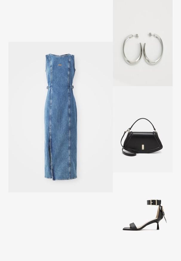 Denim maxi kjole med et tætsiddende design, ærmeløs skæring, frontsplit og et lille logo-label på brystet. Blå farve med synlige sømme.; Sort læder hælede sandaler med firkantet tå, ankelrem med en guldbuckle og en smal hæl. Glat tekstur, minimalistisk design.; Sort læderhåndtaske med en struktureret design, der har en kortet form, tophåndtag og guld hardware-accenter. Justerbar skulderrem inkluderet.; Sølv hoops øreringe med et glat, buet design. Har en skinnende metallisk finish og studs-lukning. Ingen synlige mønstre eller accenter.