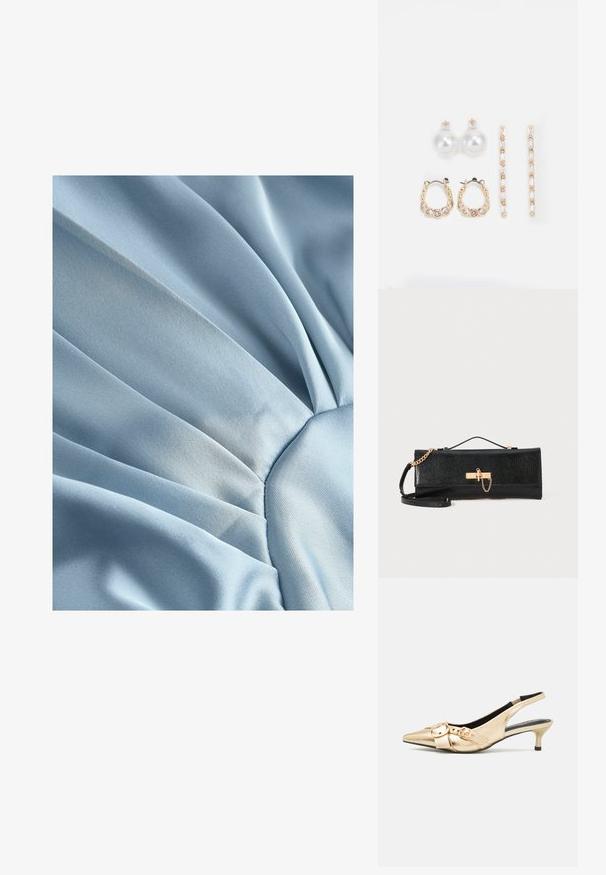 Tafeta satin de un albastru deschis cu textură pliată, având o suprafață netedă și moale, cu un luciu subtil. Centrul circular strânge materialul, radiind spre exterior.; Sandale cu toc kitten din piele aurie, cu vârf ascuțit, toc mic și două accesorii cu cataramă pe parte superioară. Textură netedă, design elegant.; Geantă de mână neagră cu un finisaj texturat, curea din lanț auriu și închidere cu broască. Formă rectangulară cu un design elegant, minimalist.; Trei perechi de cercei: cercei cu perle albe mari, cercei tip cerc din aur cu pietre clare și două cercei lungi, drepți, din aur cu detalii strălucitoare.