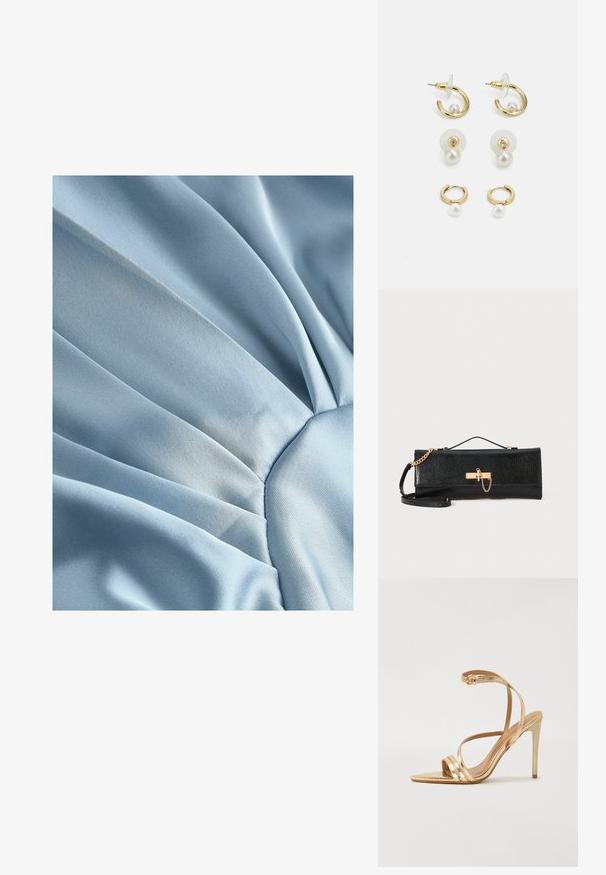 Šviesiai mėlynos satino medžiagos su klostėmis, pasižyminčios glotnia, švelnia paviršiumi ir subtiliu blizgesiu. Apskrita centrinė dalis surenka medžiagą ir ji sklinda į išorę.; Even&Odd Aukštakulniai sandalai - gold; Juodas delninukas su tekstūruotu paviršiumi, auksinės grandinėlės dirželiu ir sagties uždarymu. Stačiakampio formos, su elegantišku, minimalizmo stiliumi.; Auksinės auskarai su apvaliais dizainais, kuriuose yra perlų ir kristalų akcentas. Apima studs ir auskarus su skaidriomis tvirtinimo detalėmis.