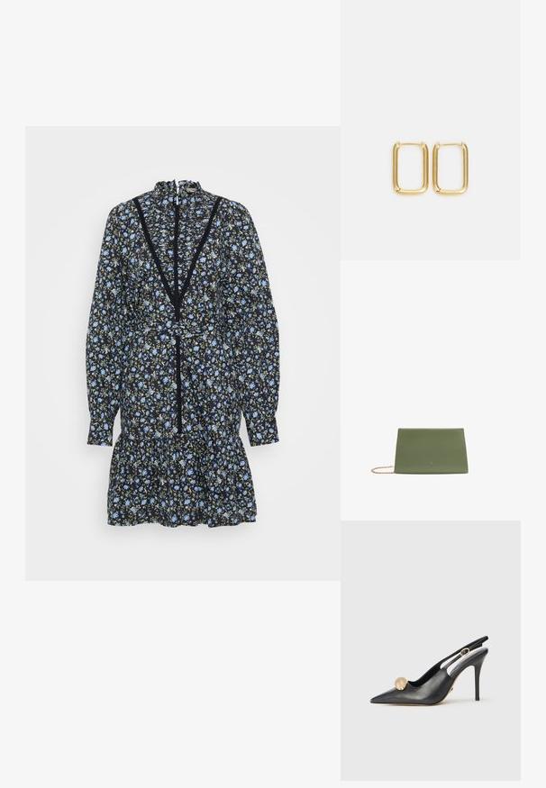 Svart blommig klänning med långa ärmar, volang i nederkant och hög halsringning. Har blå blommor och gröna detaljer, med spetsdekoration längs halsringningen.; Svart läderslingback pump med spetsig tå, guldboll-accent och en smal klack. Har ett utstansat mönster runt ankeln.; Grön texturerad läderklutch i platt design, med en kedjesträng i roséguld och en tryckt logotyp på framsidan.; Guldmetallringar i form av hoopörhängen som har en kvadratisk form med släta kanter och en polerad yta som reflekterar ljus med en glänsande yta.