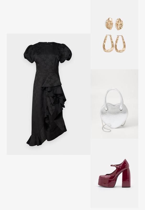 Melnā kleita ar puff piedurknēm, pieguļošu augšdaļu un viļņotu detaļu no vienas puses, izgatavota no tekstūrēta auduma ar smalku rakstu.; Koi Footwear BITTER PLATFORM - Apavi ar platformu un papēžiem - mauve; Sudraba metāla sirds formas soma ar divām rokturēm, ķēdes siksnu un gludu faktūru. Iespējas ietver metāla furnitūru un izšūtas malas.; Zelta krāsas auskari ar teksturētām, viļņotām formām. Iekļauts skulpturāls piespraužams modelis un atvērta gredzenveida konstrukcija ar izsistām virsmām.