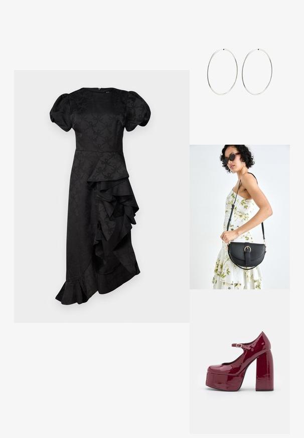 Czarna sukienka z bufiastymi rękawami, dopasowanym stanem i opadającym detalem falbany z jednej strony, wykonana z teksturowanej tkaniny z delikatnym wzorem.; Koi Footwear BITTER PLATFORM - Czółenka na platformie; Czarna skórzana torebka o zakrzywionym kształcie, z odpinanym paskiem i złotymi akcentami. Torebka posiada klapę z zapięciem w kształcie klamry.; Srebrne kolczyki na kółku o gładkim, okrągłym kształcie i wypolerowanym wykończeniu. Są cienkie i lekkie, z prostym zapięciem.