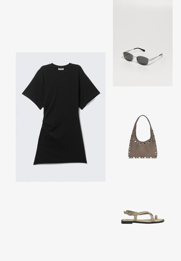 Rochie din bumbac negru, cu decolteu rotund, mâneci scurte, detalii cu pliuri pe lateral și un tiv drept. Textură netedă și design casual.; Sandale din suede bej cu talpă plată, cu bretele încrucișate și o cataramă ajustabilă în spate. Design minimalist și vârf deschis.; Ochelari de soare cu lentile gri, ramă subțire din metal argintiu, accente transparente și vârfuri negre pe brațe. Au o formă ovală.; PULL&BEAR SHOPPER - Geantă de pânză - grey