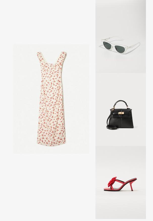 Cvetna midi obleka v kremni barvi z rdečimi rožami, z okroglo izrezano ovratnikom in kratkimi rokavi. Mehka tkanina z tekočim A-silhueto.; Rde sandale na visoki peti s sijajnim zaključkom, ki imajo teksturiran cvetlični poudarek na traku za prste in tanke trakove, z črnim podplatom.; Bele mačkaste sončne očala z temnimi lečami, zlatimi poudarki na okvirju in detajli logotipa ob strani. Gladek plastičen material.; Črna usnjena torbica s strukturiranim dizajnom, zgornjo ročico, odstranljivo naramnico in zlatim okovjem na magnetnem zapiranju.