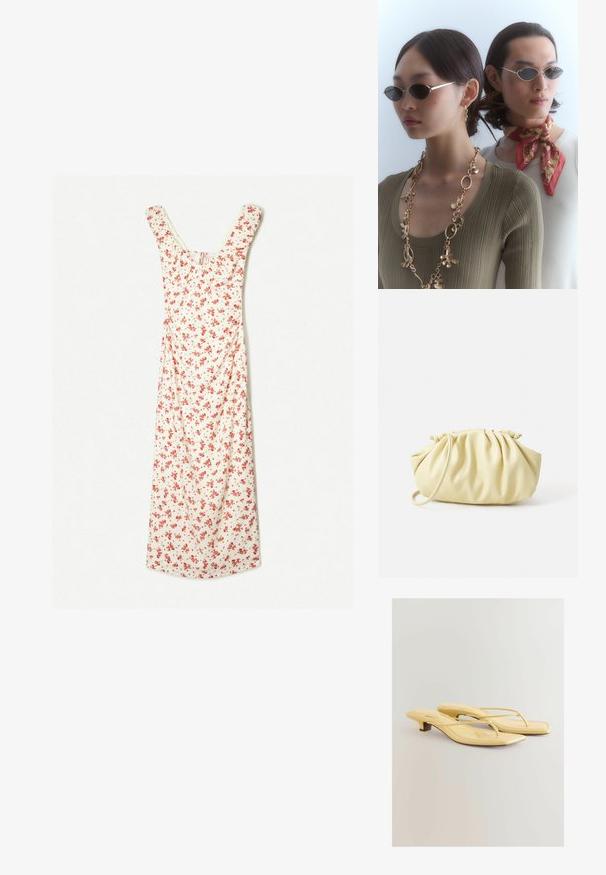 Cvetna midi obleka v kremni barvi z rdečimi rožami, z okroglo izrezano ovratnikom in kratkimi rokavi. Mehka tkanina z tekočim A-silhueto.; Rumene natikače z visokimi petami iz patentirane usnjene tkanine s koničastim prstom, tankimi naramnicami in majhno blok peto. Tekstura je gladka z šivi kot okrasom.; Okrogle sončne očala s temnimi lečami in tankimi srebrnimi okvirji. Eden ima na sebi zlat verižico, medtem ko ima drugi rdeč šalom z vzorcem.; Rumena nabirana torbica iz gladke umetne kože, ki ima mehko obliko, en ramenski trak in nabran vrhnji del.