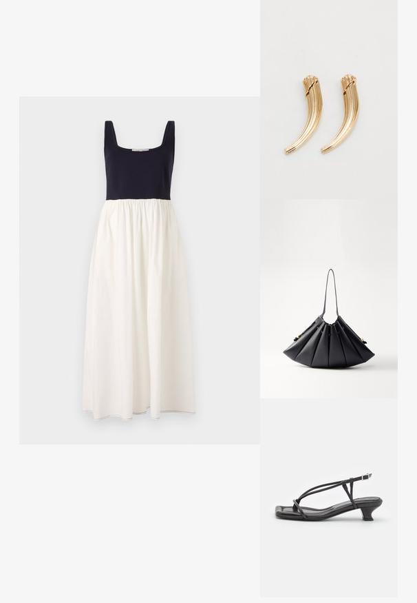 Temno modra brezrokavna obleka s kvadratnim izrezom, ki ima belo zbrano krilo. Narejena iz lahkega blaga, z vidnimi šivi na robu.; Črne usnjene sandale s tankimi trakovi, nizko blok peto in kvadratnim nosom. Značilnosti vključujejo sponko in gladko teksturo.; Črna nabrana torbica iz gladke usnje, z enim ročajem, zlatimi poudarki in geometrijsko strukturirano obliko.; Zlato obarvani kovinski sponki za lase s curved, rebrasto zasnovo. Gladka tekstura s poliranim zaključkom in zaobljenimi konicami. Prikazana sta dva kosa.