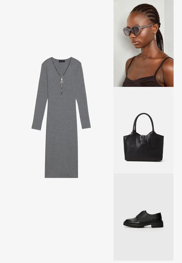 Grå ribbete langermet kjole med dyp V-hals og sølvglidelåsdetalj, med en sirkulær trekkflik og tettsittende silhuett.; Svart lær Oxford-sko med rund tå, snøring, og teksturert gummisåle med mønster for grep.; Grå, overdimensjonerte solbriller med rund form og mørke linser. Slank plastikkramme med glatt overflate. Modellen har flette.; Svart skinn toteveske med jevn tekstur, strukturert form, to håndtak og en fremtredende sølvspenne foran.