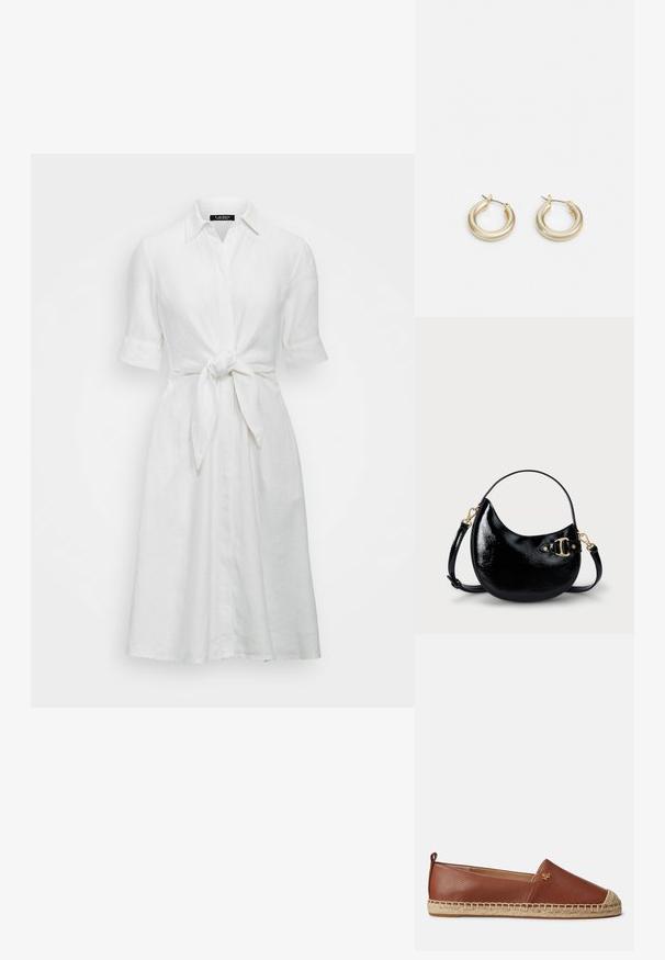 Vestido camiseiro branco em linho, com mangas curtas, abertura frontal com botões e detalhe de cintura atada, apresentando uma textura suave e um design de colarinho clássico.; Espadrilha de pele castanha com uma textura suave, sola de corda de juta e um detalhe em logo dourado de lado. Bico arredondado com design casual.; Bolsa de señora em couro verniz preto com forma curva, alça ajustável e detalhes em metal dourado na lateral. Textura suave e brilhante.; Lauren Ralph Lauren BASIC SMALL HOOP - Brincos - gold-coloured