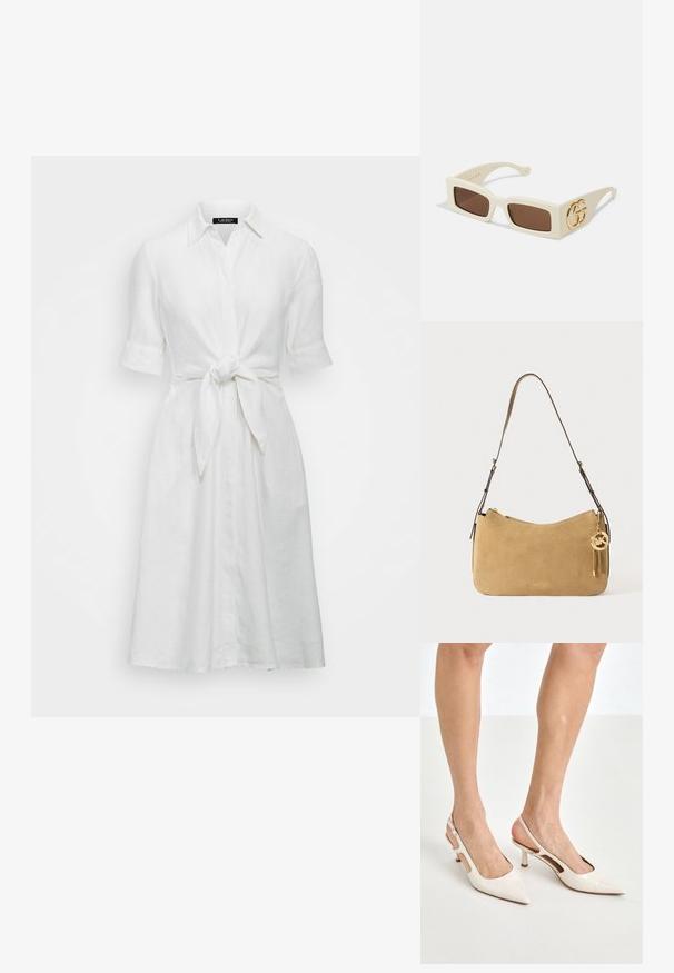 White linen shirt dress with short sleeves, button front, and a knotted waist detail, featuring a soft texture and classic collar design.; Beige patent leather slingback heels with a pointed toe and 5 cm heel, featuring cut-out sides and a thin ankle strap.; White rectangular sunglasses with brown lenses. Features a prominent gold GG logo on the side. Made of structured plastic material.; Tan suede shoulder bag with a curved shape, gold hardware, and zipper closure. Features an attached charm with the initials "MK."