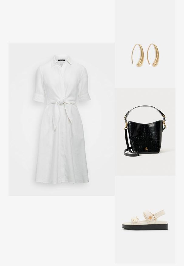Valge linane kleit lühikeste varrukatega, nööpidega ees, ja sõlmega talje detail, millel on pehme tekstuur ja klassikaline kraedi design.; Bežid reguleeritavad sandaalid sileda tekstuuriga, millel on kaks rihma ja must platvormi tall. Iga rihma peal on kuldne logodetail.; Mustad krokodillimustriga must nahast kott, millel on kõver kuju, kuldse riistvara aktsessid, reguleeritav rihm ning logodetail esiosas.; Kuldtoonilised metallist rõngas kõrvarõngad, millel on kõver ja piklik kuju. Omavad siledat, läikivat pinda ja ümarat tipptugevdust, mis lisab detaili.