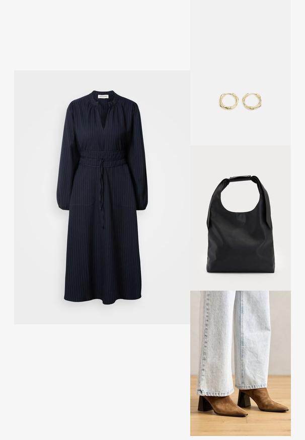 Námořnickě modré šaty s vertikálními proužky, dlouhými rukávy, plisovaným výstřihem a opásaným pasem. Obsahují dvě přední kapsy.; Hnědé semišové kotníkové boty s špičatou špičkou, blokovým podpatkem a hladkým povrchem, spárované s světle modrými širokými džíny.; Černá kožená kabelka s velkým otevřeným vrchem a jedním ramenním popruhem. Měkká textura, minimalistický design, s jemnými kovovými detaily.; Zlaté kruhové náušnice s texturovaným, nepravidelným tvarem. Disponují bezproblémovým uzávěrem a leštěným povrchem, což zdůrazňuje moderní design.