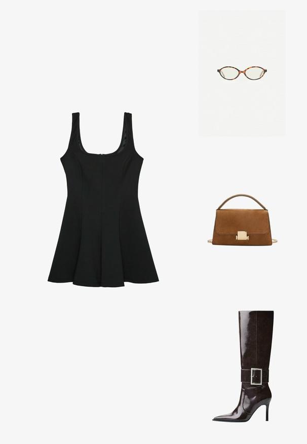 Čierne bezrukávové šaty s okrúhlym výstrihom. Rozšírený A-línie silueta, vyrobené z hladkej látky, so skrytým zipsom na zadnej strane.; Tmavohnedá vysoká kožená čižma po kolená s špicatou špičkou, stiletto podpätkom a širokým pásom s veľkou obdĺžnikovou striebornou prackou.; Korytnačkové okuliare s oválnymi šošovkami a hladkým, lesklým povrchom. Majú tenké strany s jemným zakrivením na spánkoch. Priehľadné šošovky.; Hnedá semišová kabelka so zlatým štvorcovým uzávery, hornou rukoväťou a reťazovým popruhom. Má obdĺžnikový tvar a zaoblené okraje.