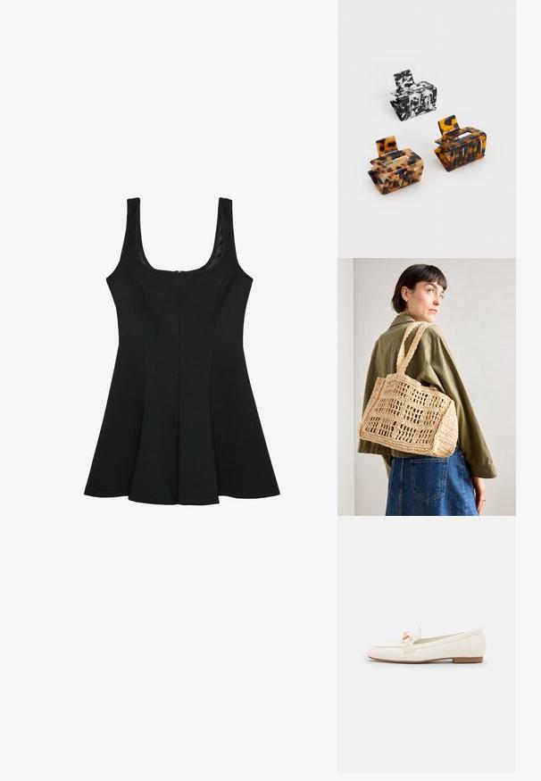 Sort ærmeløs kjole med en rund udskæring. Flared A-linje silhuet, lavet af glat stof, med en usynlig lynlås i ryggen.; Hvide læder loafers med flad sål, der har en detalje med en guldfarvet spænde og en glat overflade. Klassisk design med enkle linjer.; Tan vævet hæklet taske med rektangulær form, to brede håndtag og et åbent gittermønster. Designet har struktureret stof og et rummeligt indre.; Tre hårnåle: en sort og hvid marmorering, to skildpadde i brune og sorte nuancer, alle lavet af blank plast med en struktureret finish.