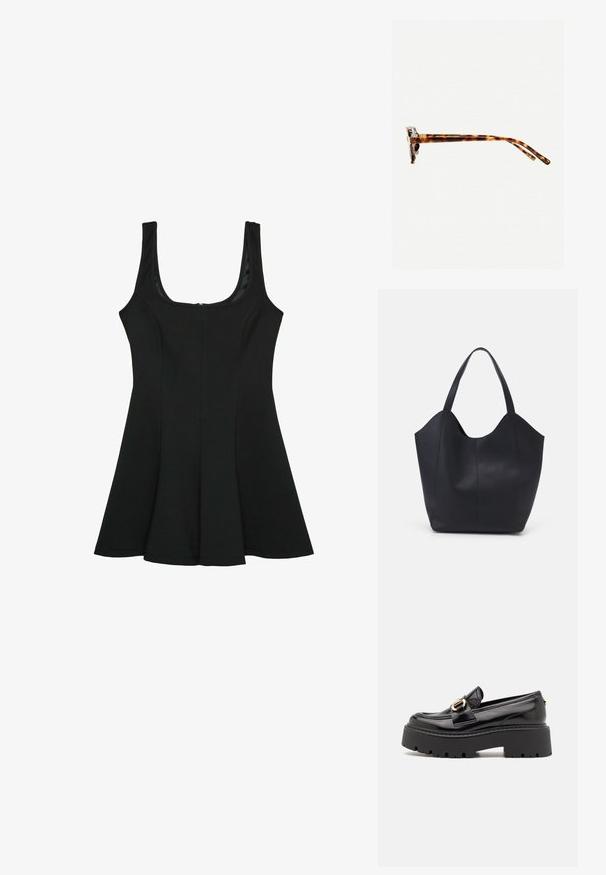 Vestito nero senza maniche con scollatura a barchetta. Silhouette a trapezio svasata, realizzata in tessuto morbido, dotato di una zip invisibile sul retro.; Steve Madden OCCUPY - Scarpe senza lacci - black; Occhiali da sole tartarugati con una montatura spessa, tempie leggermente curve e superficie liscia. Presentano un design classico con una finitura lucida.; Borsa tote nera realizzata in pelle liscia, con una parte superiore curva e aperta, dotata di due manici per spalla e un design minimalista.; Borsa tote nera realizzata in pelle liscia, con una parte superiore curva e aperta, dotata di due manici per spalla e un design minimalista.; Borsa tote nera realizzata in pelle liscia, con una parte superiore curva e aperta, dotata di due manici per spalla e un design minimalista.