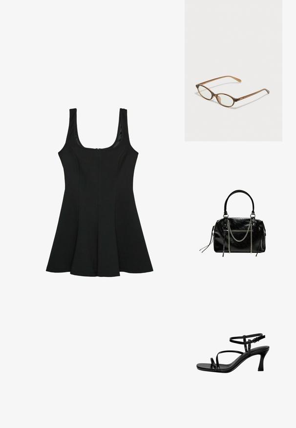 Czarna sukienka bez rękawów z okrągłym dekoltem. Rozkloszowany fason A-linii, wykonana z gładkiego materiału, z ukrytym zamkiem błyskawicznym z tyłu.; Czarne skórzane sandały na obcasie z cienkimi paskami, kwadratowym noskiem i szpilką. Regulowany pasek na kostce dla lepszego dopasowania. Gładka tekstura.; Brązowe okulary w motyle z owalnymi soczewkami, cienkimi ramionami i przezroczystymi akcentami. Posiadają subtelne logo na zauszniku. Smukły, lekki design.; Bershka - Torebka