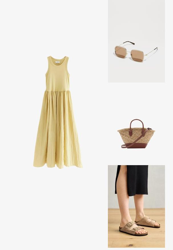 Ärmelloses Maxikleid in sanftem Gelb. Enganliegender Oberteil mit einem A-Linien, gekräuselten Rock. Glatte Stoffoberfläche mit einer definierten Taille.; Beige Wildleder-Sandalen mit zwei verstellbaren Riemen, Korkfußbett und Gummisohlen, die an Füßen vor einem Holzfu Hintergrund präsentiert werden.; Goldene Metallsonnenbrille mit quadratischer Form, braun getönten Gläsern und subtilen grünen und roten Akzenten am Rahmen. Dünne, elegante Bügel.; Geflochtene Strohtasche mit braunen Lederakzenten, zwei Griffen und einem abnehmbaren Gurt. Kurvenform mit einem stabilen Boden.; Armband aus goldfarbigem Metall mit glatter Oberfläche und sieben klaren Strasssteinen, die gleichmäßig entlang des Bandes verteilt sind. Mit eingraviertem Logo im Inneren.