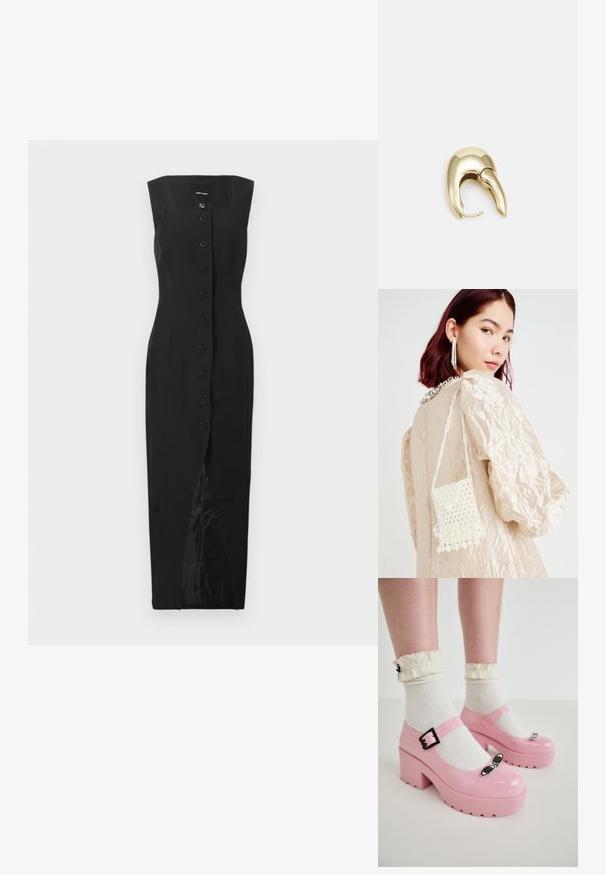 Abito midi nero senza maniche con scollo quadrato, chiusura frontale con bottoni e spacco centrale, esposto su uno sfondo bianco semplice.; Scarpe platform rosa in patente con punta arrotondata, fibbia regolabile e accenti neri a occhio di gatto, abbinate a calze bianche a coste con bordi arruffati.; Borsa di perline realizzata con perle bianche, con una superficie texturizzata e un fondo frangiato, indossata con un capo beige sgualcito.; Orecchino in metallo color oro con un design elegante e curvo. Presenta una forma appuntita distintiva, superficie lucida e chiusura a cerniera.