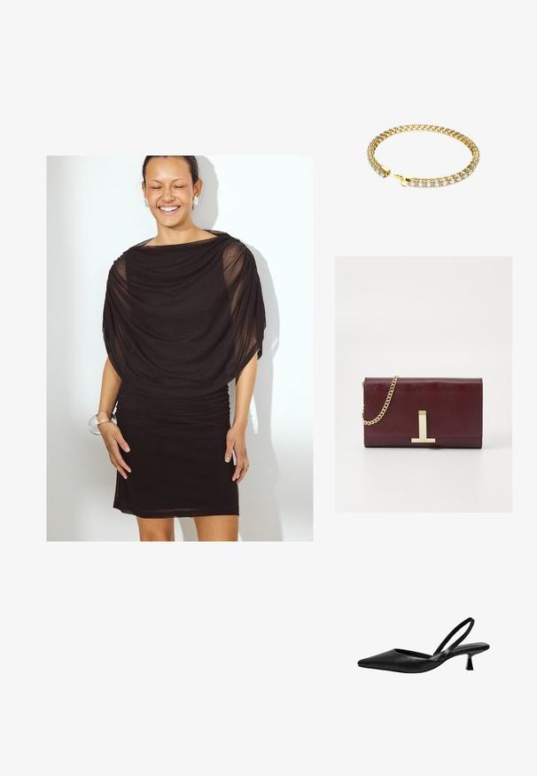 Abito nero con tessuto drapeggiato e trasparente e dettagli arricciati. Lunghezza corta, silhouette aderente. La modella indossa un bracciale trasparente.; Scarpa slingback in pelle nera con punta affusolata, tacco basso a blocco e design minimalista. Texture liscia con una silhouette semplice.; Clutch in ecopelle testurizzata bordeaux con tracolla in catena dorata e chiusura con accento metallico. Forma rettangolare, finitura liscia, dettagli minimali.; Bracciale in tono oro caratterizzato da un design flessibile con molteplici pietre in zirconia cubica trasparente incastonate in un motivo a catena, completato da una chiusura a morsetto.