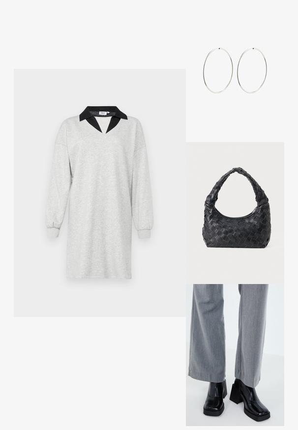 Pelēks kleita, izgatavota no mīksta auduma, ar melnu V veida apkakli un garām, saplacinātām piedurknēm ar elastīgiem aproces galiem. Vienkāršs un ikdienišķs dizains.; Melni papēžu zābaki ar kvadrātveida purngalu, gluda ādas apdare un masīva platforma. Apvienoti ar gaiši pelēkiem, platmalu biksēm.; Melna ādas austā plecu soma ar noapaļotu rokturi un pusmēness formas ķermeni uz vienota fona.; Sudraba riņķa auskari ar gludu, apaļu dizainu un pulētu apdari. Tie ir plāni un viegli, ar vienkāršu aizdari.