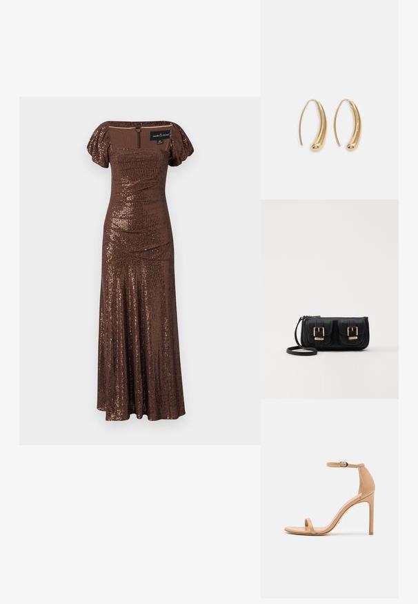Brown sequined maxi dress with a fitted bodice and puff sleeves. Features a square neckline and zip closure at the back. Smooth texture.; Nude high-heeled sandal with a thin ankle strap, open toe, smooth leather, and a sleek, tapered heel. Minimalist design with gold hardware.; Black leather crossbody bag with two front pockets, gold buckles, zipper closure, and a slim strap. Textured surface and compact rectangular shape.; Gold-tone metal hoop earrings with a curved, elongated shape. Features a smooth, shiny surface and a rounded tip for added detail.