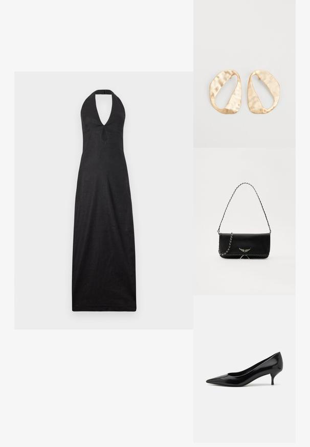 Cult Gaia LIANNA DRESS - Maksi suknelė - black; Juodas lakuotas aukštakulnis batelis su smailiu pirštu ir žemu stiletu. Lygus paviršius ir minimalistiškas dizainas, be matomų raštų ar akcentų.; Juodas odinis delninukas su sidabro spalvos grandinele, papuoštas dekoratyviniais sparnų akcentais ir balta siūle apačioje.; Nedidelis nereguliarus ovalo formos aukso tono metalinių auskarų pora su tekstūruota, šiek tiek kalta paviršiumi ant balto fono.