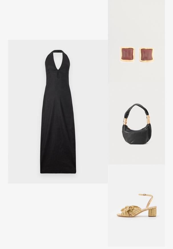 Cult Gaia LIANNA czarny; Złote sandały na obcasie z teksturowanym, plisowanym wzorem i wyraźnym detalem w postaci kokardy. Pasek na kostkę z regulowanym zapięciem, średni blokowy obcas.; Czarna skórzana torebka o okrągłym kształcie, miękkiej fakturze i wiązanym uchwycie z akcentami w złotym odcieniu. Zamek błyskawiczny.; Kwadratowe kolczyki-sztyfty z głębokim burgundowym środkiem i złoconym, teksturowanym ramkiem. Gładka powierzchnia z zaokrąglonymi krawędziami.