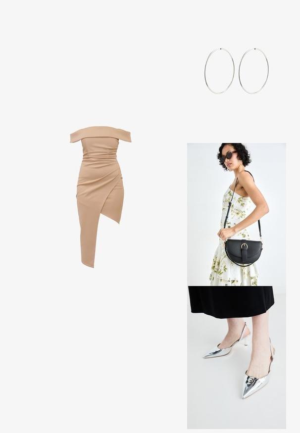Asimetrična obleka brez naramnic v bež barvi, z nabranimi detajli in diagonalnim robom na eni strani, izdelana iz elastičnega materiala.; Srebrne slingback čevlje s koničastim nosom, z usnjenim zaključkom in tankim petam. Minimalistična zasnova z gladko teksturo in odprto peto.; Črna usnjena torbica s ukrivljeno obliko, z odstranljivo naramnico in zlatimi dodatki. Torbica ima pokrov s podrobnostmi v obliki zaponke.; Srebrne obročaste uhane z gladkim, okroglim dizajnom in poliranim zaključkom. So tanke in lahke, z enostavnim zapiranjem na sponko.