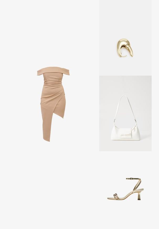 Asymmetrical off-the-shoulder dress in beige, featuring ruched texture and a diagonal hemline on one side, made from stretchy fabric.; Golden metallic high-heeled sandal with ankle strap, two narrow front bands, and a block heel. Features decorative embellishments.; White synthetic handbag with a triangular shape, flat front flap and bow detail, adjustable strap, smooth texture, and minimalistic design.; Gold-tone metal earring with a sleek, curved design. Features a distinctive pointed shape, polished surface, and hinge closure.